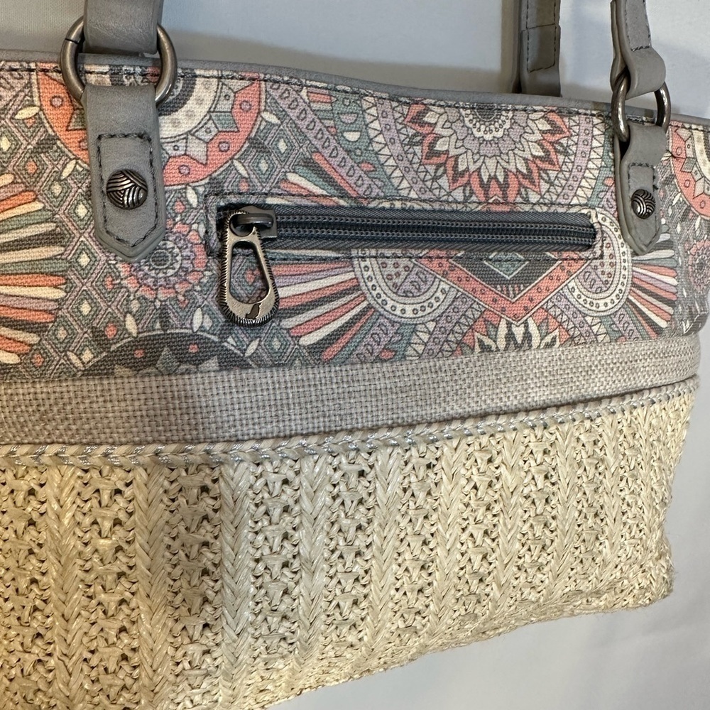 The Sak Sakroots Ellis Satchel Hobo Tan Gray Straw Leather Shoulder HandBag Tote - Picture 2 of 13